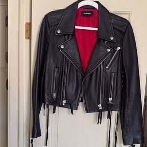 The Kooples Black Leather Biker Jacket with Red Lining